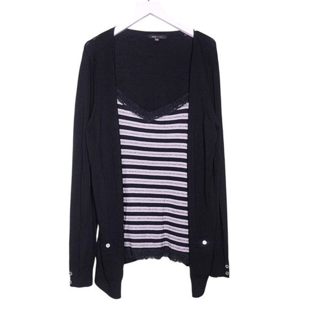BCBGMaxAzria Black Open Front Cardigan Striped Lace Trim Shell Sweater Pocket XL